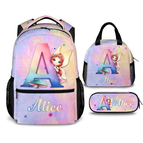 Personalized Backpack for Girls, Custom Initial Fairy Backpacks Set for Kids School, 17 Inch Durable Lightweight Monogram Bookbag for Kindergarten Preschool Primary