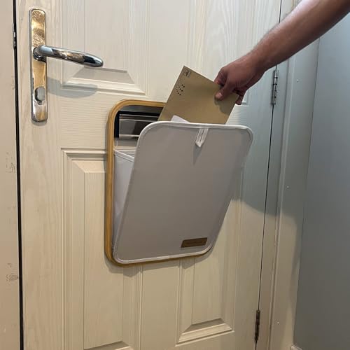Mail More Front Door Letter Box Catcher No Screws - White Mail Catcher for Letterbox - Post Parcel Holder - Indoor Mail Catcher - Parcel - Bamboo Frame Post Holder - Draught Excluder