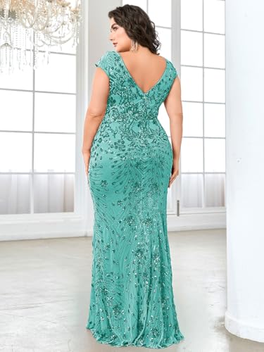 Image of Plus Size Womens Sequined Long Evening Gown Glamous Sleeveless V-Neck Mermaid Prom Dress for Wedding Party