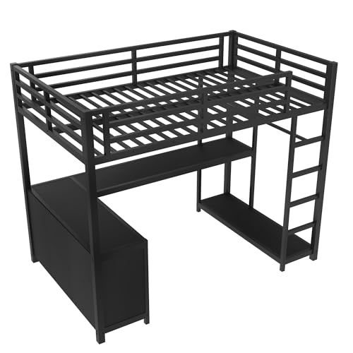 Image of Bellemave Twin Size loft Bed with L Desk, Wardrobe, Metal Twin Loft Bed Frame for Adults, Kids, Teens, Black