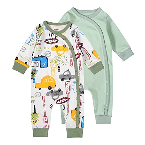 Baby Boys Girls 2 Pack Footless Pajamas Cotton Long Sleeve Stripes Printing Side Snap Romper Jumpsuit 3-24 Months (12-18 Months, Pea green Car)