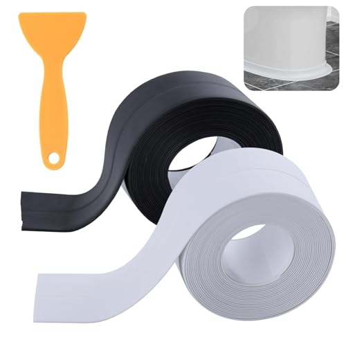 Image of 2 Rolls White & Black Caulk Tape Waterproof Self Adhesive Caulking Sealant Strip with Sealing Tool for Kitchen, Countertop, Bathroom, Sink, Bathtub, Toilet (1.5 inch x 10.5Ft)