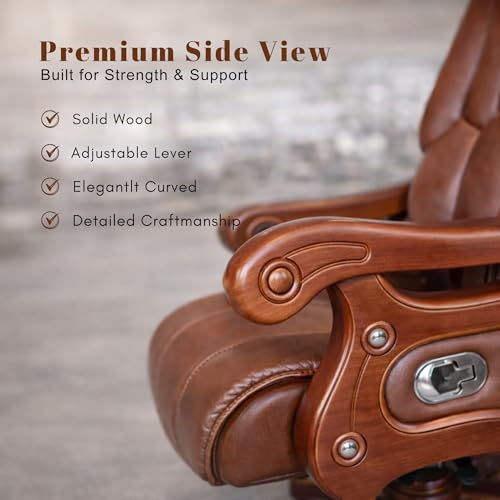 Image of Lakdi The Furniture High-Back Pure Leather Office Chair with Handcrafted Royal Look and Teak Wood Structure & Height Adjustable and Wooden Base Revolving Chair Office Work - 111011351 PL