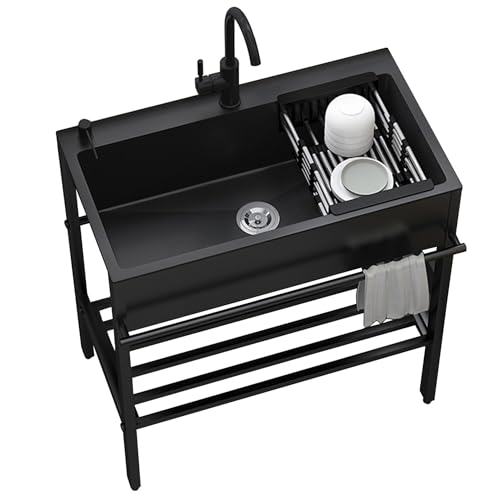 Fregadero de acero inoxidable negro independiente con grifo, fregadero de lavado de manos comercial, juego de fregadero de cocina al aire libre con soporte y drenaje para lavandería, tienda, jardín