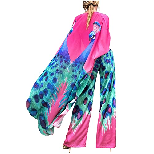 Hatoys Womens Tops Spliced Open Front Cardigan Colorful Long Feathers Printed Kimono Wide Sleeve Longline Tunics for Women