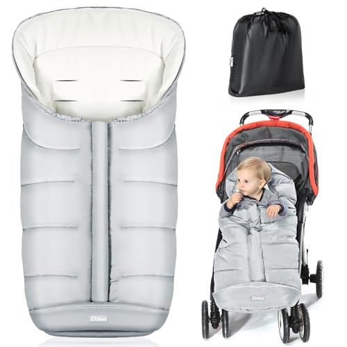 Image of Orzbow Universal Footmuff for Baby, Winter Warm Stroller Bunting Bag, Waterproof Windproof Warm Coral Fleece Lined Toddler Sleeping Bag, Light Grey