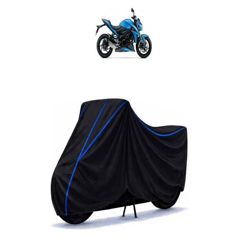 Image of Suzuki GSX-S1000F Bike Cover Water Resistant Universal Motorcycle Rain | Heavy Duty UV Protection, Dust, Scratch Indoor Outdoor All Weather with Black Blue Piping Elastic