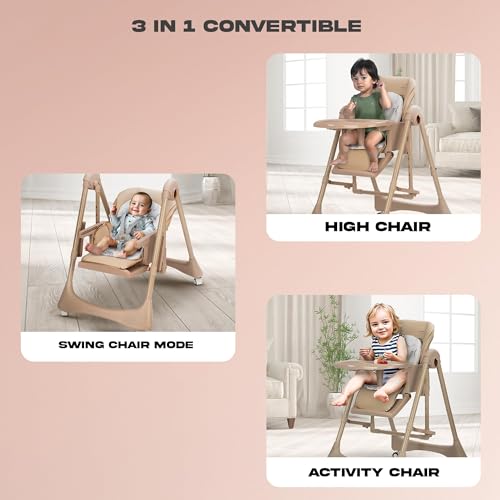 Image of Baybee Nivio 3-in-1 Convertible High Chair for Kids Adjustable Baby Feeding Chair with Swing, Recline, Detachable Tray, 5-Point Harness, Foldable Design, Multi-Height & Footrest Settings 6 Months to 5 Years Kids (Beige)