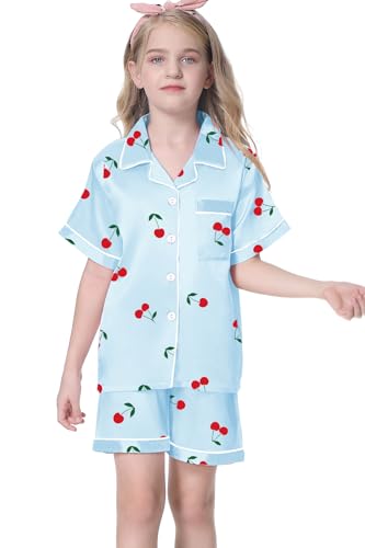 Image of Umeyda Women & Girls Pajamas Set, Soft Satin Lightweight Silk Button-Down Top with Shorts 2 Piece PJS for Mom Boys Kids Gifts