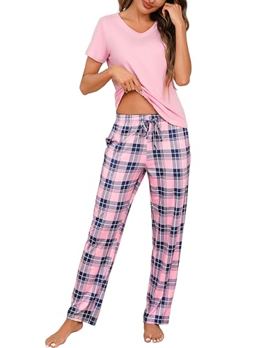 Bresdk Schlafanzug Damen Baumwolle Pyjama mit V-Ausschnitt Kurzarm Schlafshirt mit Karierte Lang Pyjamahose Elegant Hausanzug Sleepwear