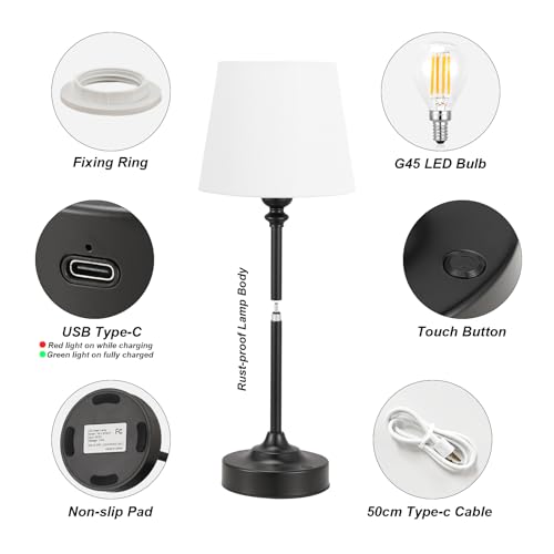 Image of Cordless Table Lamps Rechargeable Set - 2 Pack Black 4000mAH Battery Operated Lamps for Decor, 3000K Stepless Dimming Touch Control Wireless Lamps for Bedroom, Dining Table, Living Room, White Shade
