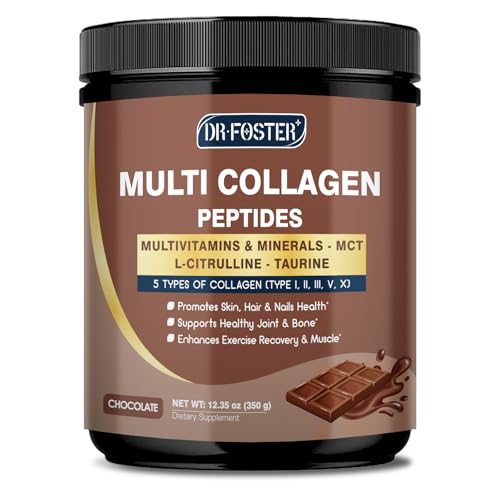 DRFOSTER Chocolate Collagen Peptides Powder for Women & Men Multi Type I II III V X Collagen with multivitamins & Minerals for Skin Hair & Nails & Joints Non-GMO 35 Servings