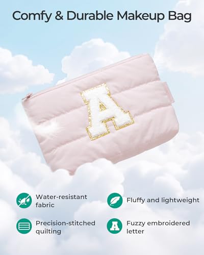 Image of BAGSMART Personalized Makeup Bag, Machine Washable Puffy Cosmetic Pouch | 1.6 inch slim, water-resistant & padded. Machine washable. Charm zipper pull for makeup, earbuds, chargers, meds