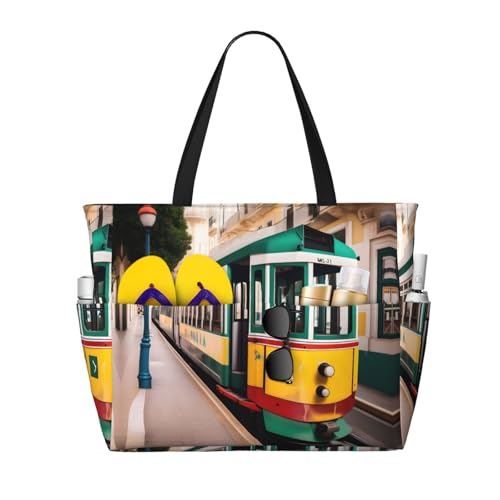 Lisbon Tram Pattern Print Large Waterproof Beach Bag For Women With Zipper And Pockets For Travel Vacation