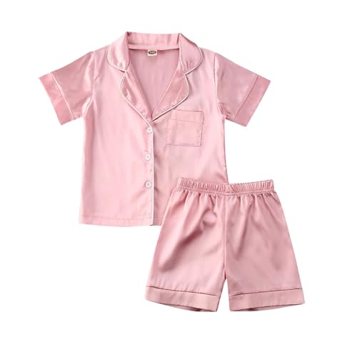Image of Kids Baby Girl Boy Satin Pajamas Set Button Down Sleep Shirt Top+Long Pants Bottoms Sleepwear Loungewear Clothes