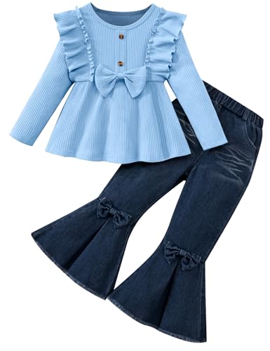 Toddler Girl Clothes Solid Color Ruffle Bowtie Top and Flare Pants Headband 3Pcs Winter Baby Girl Outfits