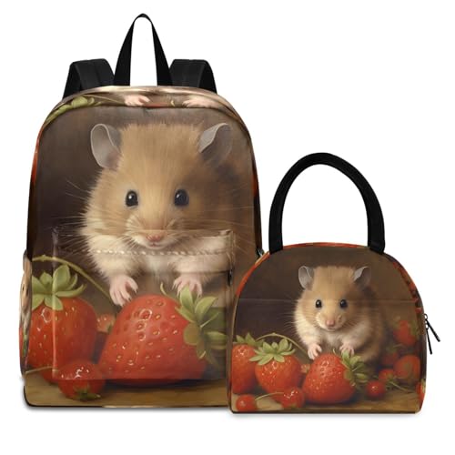 Backpack Lunch Box Set Large Capacity Travel Backpacks and Insulated Lunch Bag for Commute Hiking Picnic Strawberry Mouse Print - Main Image