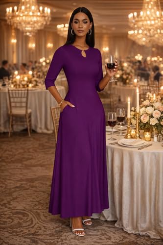 Image of FANDEE Women's Maxi Dress Casual Boho Plain Long Dresses 3 /4 Sleeve with Pockets