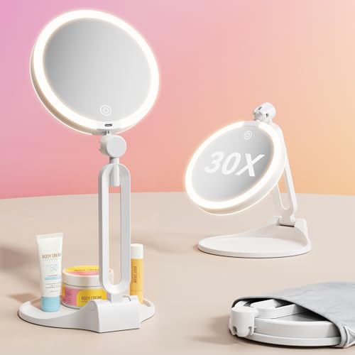 eeuuty Travel Makeup Mirror with Lights 2026 New, 1X/30X Magnification Double Sided Lighted Mirror, 3 Color Lighting & Stepless Dimming, 2000mAh Foldable Portable Mirror for Desk & Travel