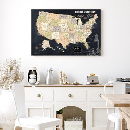 Image of IPIC - Vintage USA Travel Map, Pin Board Canvas Wall Art, Travel Map with Pins Included, Ready to Hang for Home or Office, 24x16 Inch