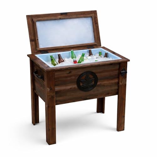 Cryopak Hielera de madera rústica de 40 litros para fiestas, grande, con forro de plástico, capacidad para 60 latas para muebles de patio al aire libre