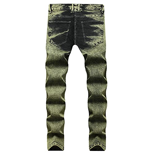 Slim Fit Stretch Skinny Jeans For Men Green Distressed Destroyed Ripped Straight Denim Jean Washed Pant2