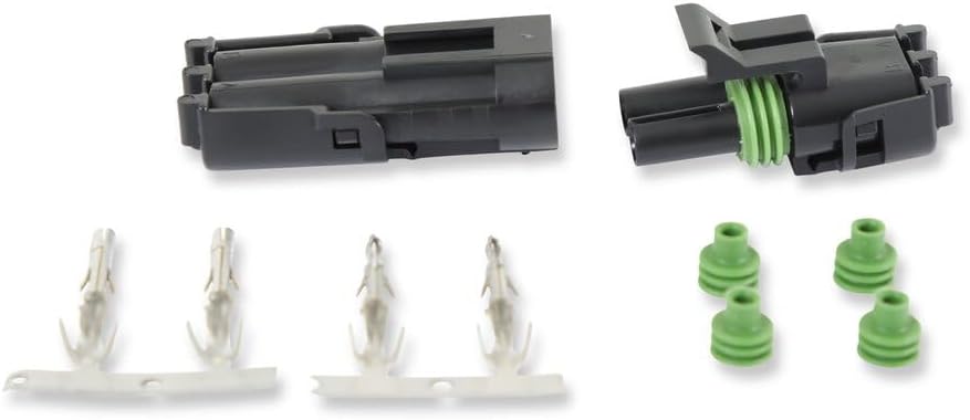 Components of the MSD 8173 2-Pin Weathertight Connector, showing male and female housings, metal terminals, and red and green silicone seals.