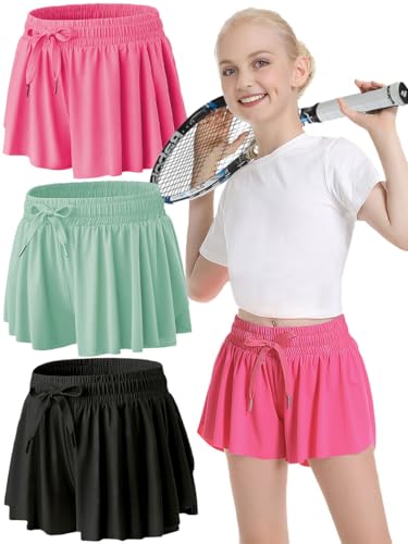 MODERN ASIR 3 Pack Girls Flowy Shorts with Spandex Liner 2-in-1 Youth Butterfly Skirts for Fitness, Running, Sports