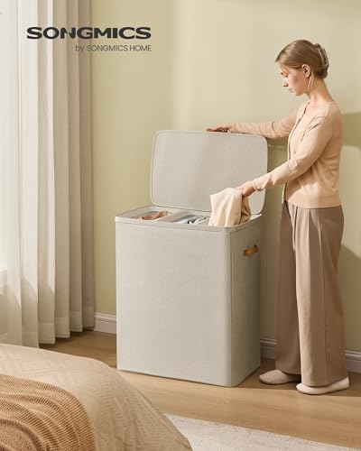Image of SONGMICS Laundry Basket, 50.2 Gal. Laundry Hamper, 3 Compartments, Easy Assembly, with Lid and Handles, Removable Liners, 25.2 x 15.7 x 29.5 Inches, Cappuccino Beige ULCB814LH01