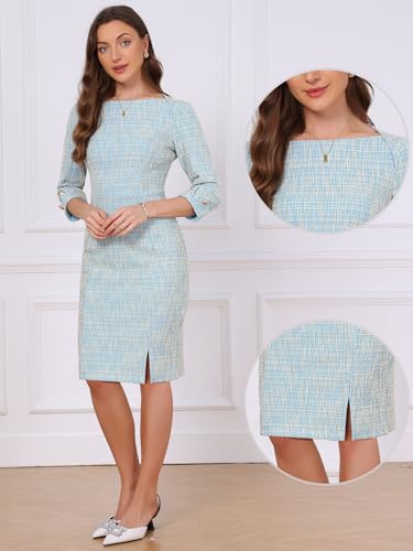 Image of Allegra K Tweed Dress for Women's Boat Neck 3 /4 Sleeve Elegant Work Pencil Sheath Dress