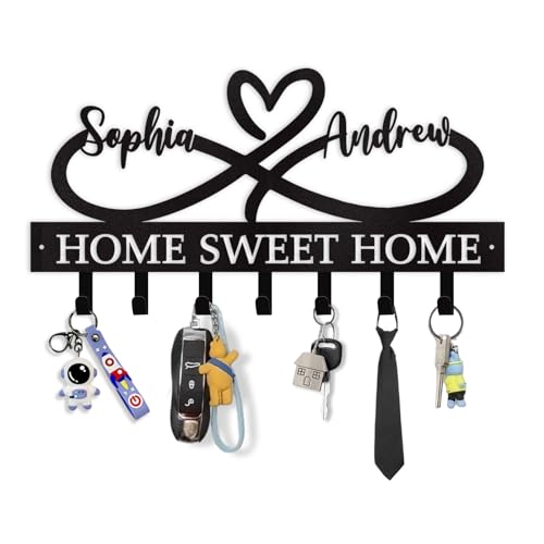 Dyoart Personalized Key Holder Wall Mounted - Custom Couple's Name Metal Key Holder for Wall, Love Shape Key Hooks for Wall, Housewarming Wedding Gifts, Key Holder Wall Hanging for Bedroom Entryway