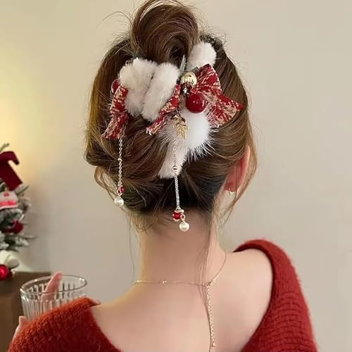 Pinza de cabello roja de Navidad para mujer con borlas miniatura 3
