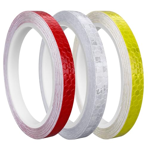 Prasacco 3 Rollen Reflektorband Selbstklebend 10mm x 8m Reflektoren Aufkleber Selbstklebende Wasserdicht Reflektierendes Klebeband Reflektor Warnband für Fahrräder Helme Motorrad (Rot Weiß Gelb)