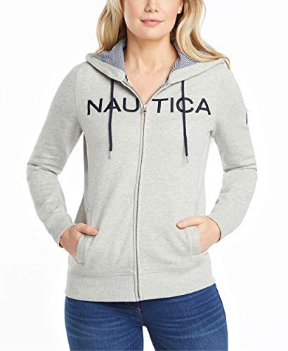 Nautica Women's Go-to Signature Cotton Full-Zip Logo Hoodie, Grey Heather, X-Large