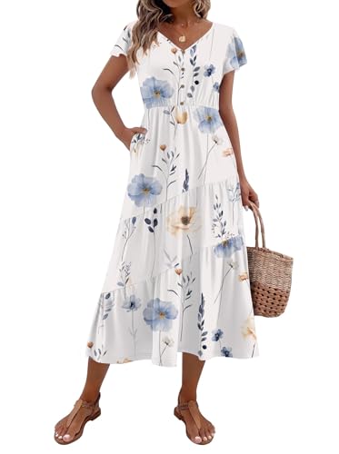 Image of Zeagoo Women's Summer Casual Dress Flutter Short Sleeve V Neck Button Down Tiered Flowy Long Dress with Pockets