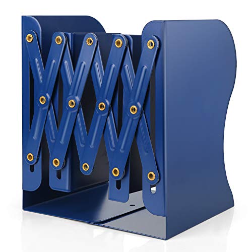 Adjustable Bookends, Metal Book Ends for Heavy Book, 2 Dividers, Nonslip Book Stander for Desk, Shelf, Office, Stationery Gift, Extends up to 19 inches (Blue)