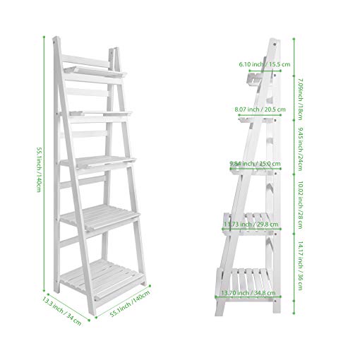 FutureCharger Ladder Shelf, 5-Tier Foldable Wood Bookshelf, Industrial Bookshelf, Ladder Bookcase Free Standing Organizer Storage Shelves Flower Plant Stand Rack for Living Room Bedroom Balcony Office - Thumbnail 3