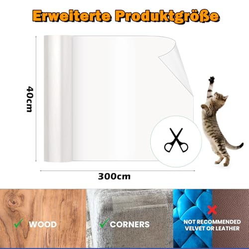 Kratzschutz Katze Tape 40cm x 3m Selbstklebend Kratzfolie Katzen Transparent Kratzfestes Sofa kratzmatte Katze Kratzschutzfolie Kratzfesten Schutzfolie für Sofa Couch Wand Tür und Möbel