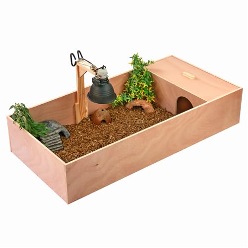 KCT Large Wooden Tortoise Table Reptile Vivarium Cage Hide with Open Run and Lamp Arm