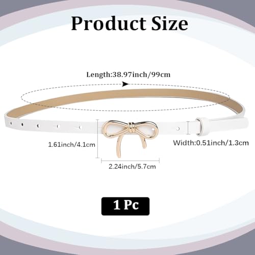 Bow Skinny PU Leather Waist Belt for Women Adjustable 0.5 Inch Width White Belts with Gold Alloy Bowknot Buckle Thin Elegantes Slim Leather Waist Strap Band for Ladies Dresses Jeans Pants2