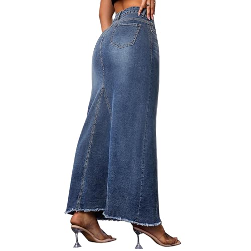 Women's Frayed Fishtail Long Denim Skirt High Waist Patchwork Wrap Hip Maxi Jean Skirts3