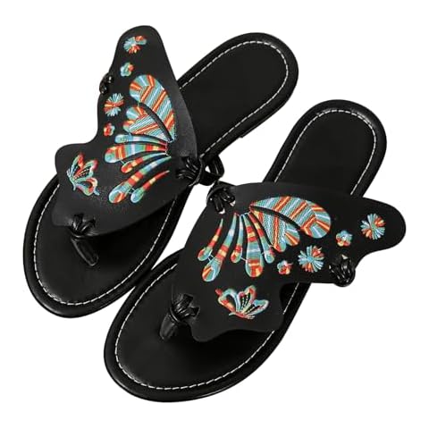 UTIKLIOU Women's Thong Flat Sandals Flip Flops Sandals Casual Slip on Comfortable Slide Sandals Butterfly Embroidered Summer Beach Dress Shoes (Black 10.5) Cover