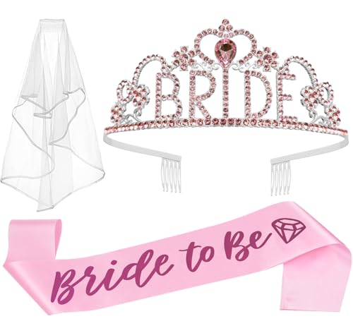 JETKONG 3 Pcs Bachelorette Party Decorations BRIDE Crown, Bride to Be Sash&Veil for Women Bachelorette Party Gifts, Bridal Shower Supplies, Gifts, Favors (Pink)