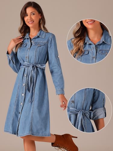 Image of Allegra K Denim Dress for Women's Long Sleeve Button Down A-Line Belted Classic Jean Dresses