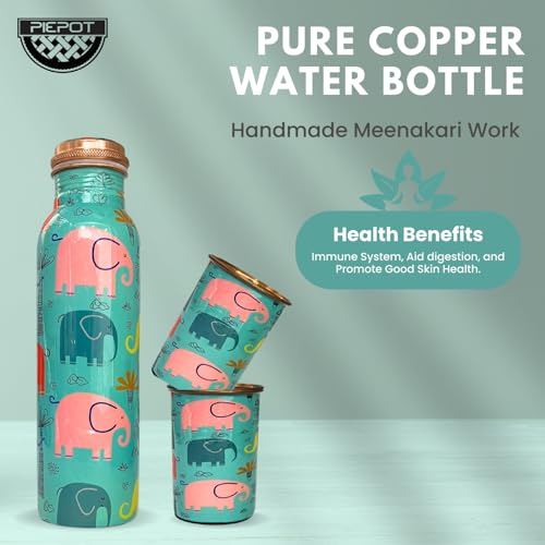 Image of Copper Water Bottle 1 Ltr | Copper Water Bottle with Glass Set | Meena Work | 100% Pure | Leak-Proof | 2 Water Glass 300ml each | Best for Gifting ((Seafoam Blue Design))