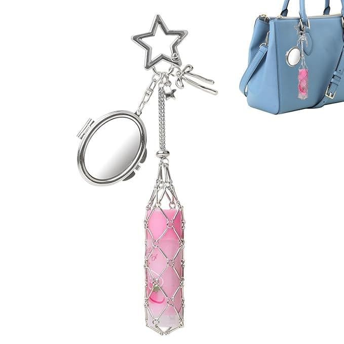 Image of Lipstick Holder Keychain with Touch Up Mirror Clasp Makeup Lipstick Balm Gloss Organizer Portable Chic Bag Charm Accessories