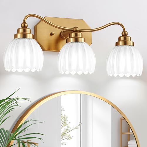 Image of Vintage Bathroom Light Fixtures, Gold Bathroom Vanity Light, Matte Antique Brass Finish with Crystal Glass Shade, Wall Sconces Lighting for Bedroom, Living Room, Hallway (Milk White, 3-Light