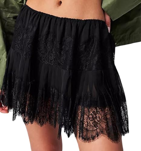 Aonoapll Women Y2k Lace Skirt Low Rise Ruffle A Line Mini Skirt Fairy See Through Floral Lace Short Skirt Streetwear
