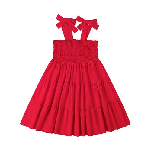 Magic Park Baby Toddler Girl Sleeveless Ruffle Dresses Child Summer Tiered Tie-Strap Beach Sundress Teen Casual A-Line Dress(Red 5-6 Years)