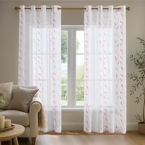 Deconovo Cortinas de Gasa translúcida con Efecto Lino, Estampado Bordado, adecuadas para Dormitorio, salón y Sala de Estudio, Blanco, Bordado Rosa, 140×290 CM, 2 Piezas